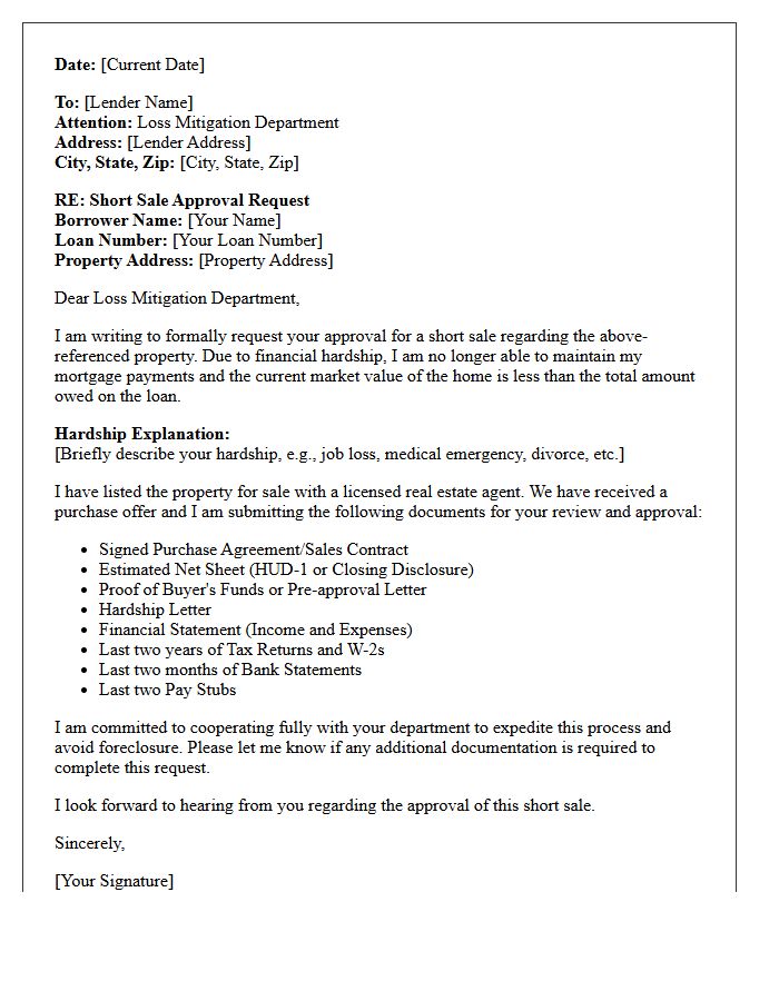 Mortgage Lender Short Sale Approval Request Letter