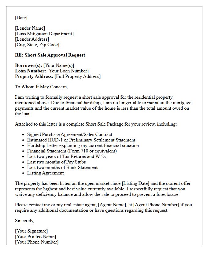 Residential Property Short Sale Approval Request Letter