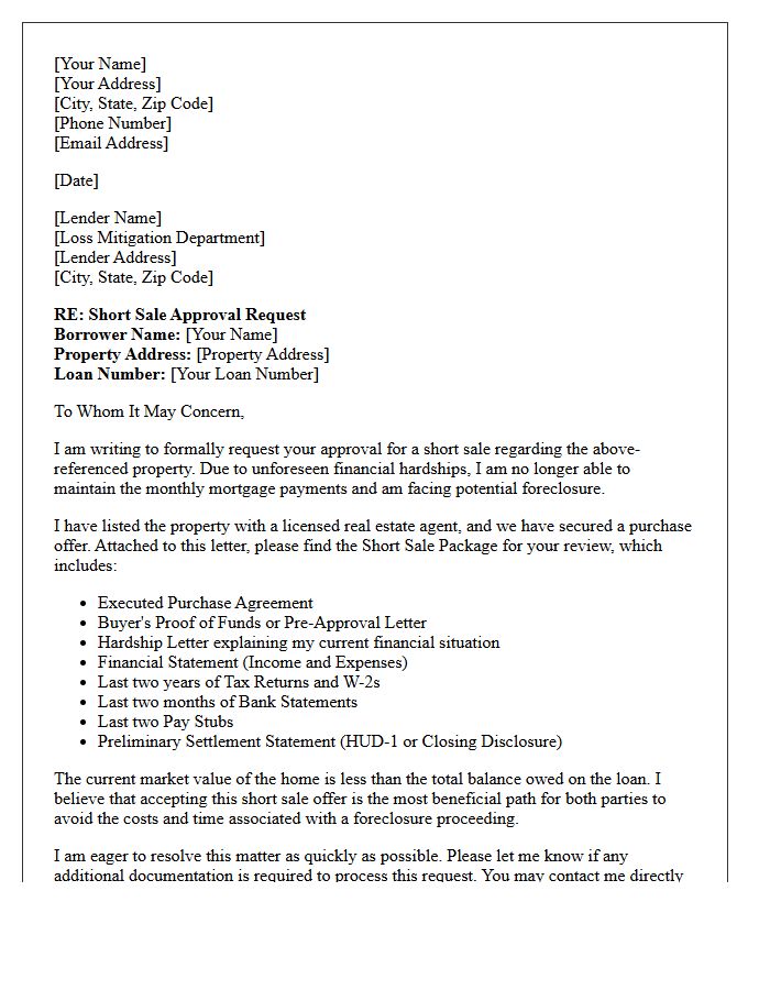 Pre-Foreclosure Short Sale Approval Request Letter