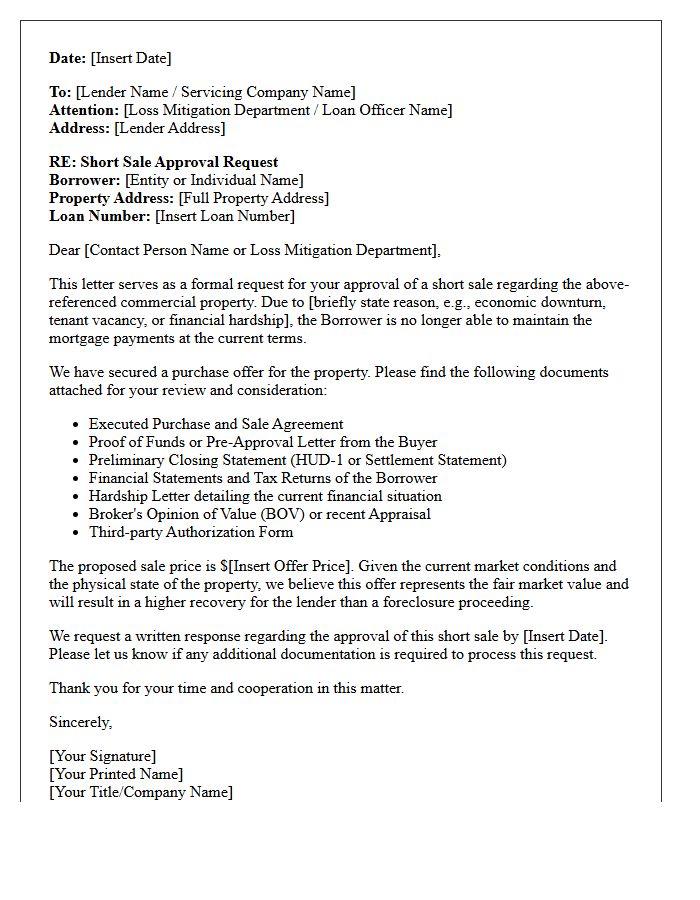 Commercial Real Estate Short Sale Approval Request Letter