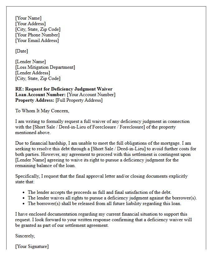 Standard Deficiency Judgment Waiver Request Letter