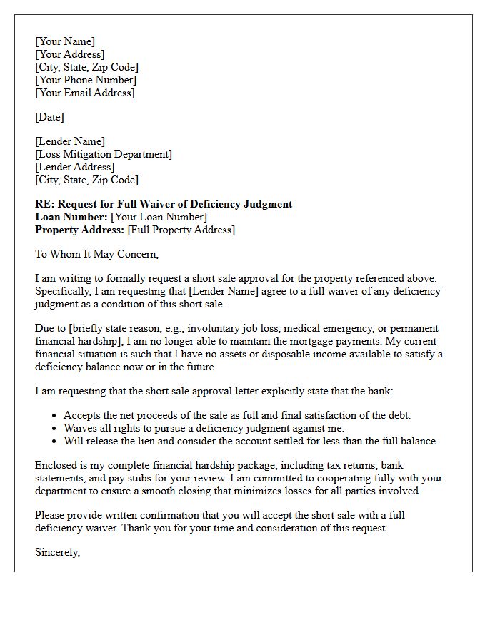 Short Sale Deficiency Judgment Waiver Request Letter