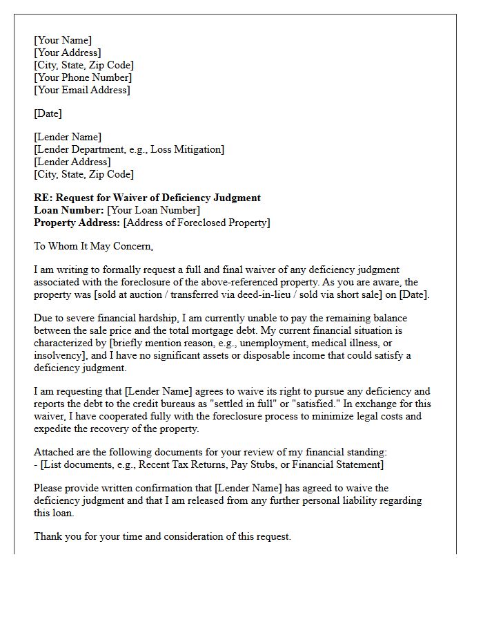 Foreclosure Deficiency Judgment Waiver Request Letter