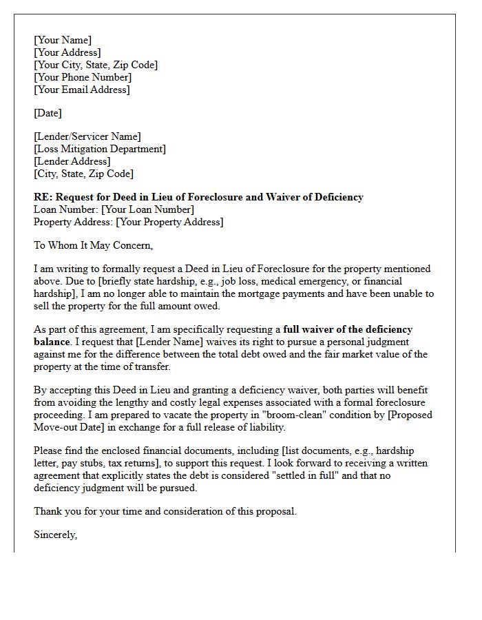 Deed In Lieu Deficiency Judgment Waiver Request Letter