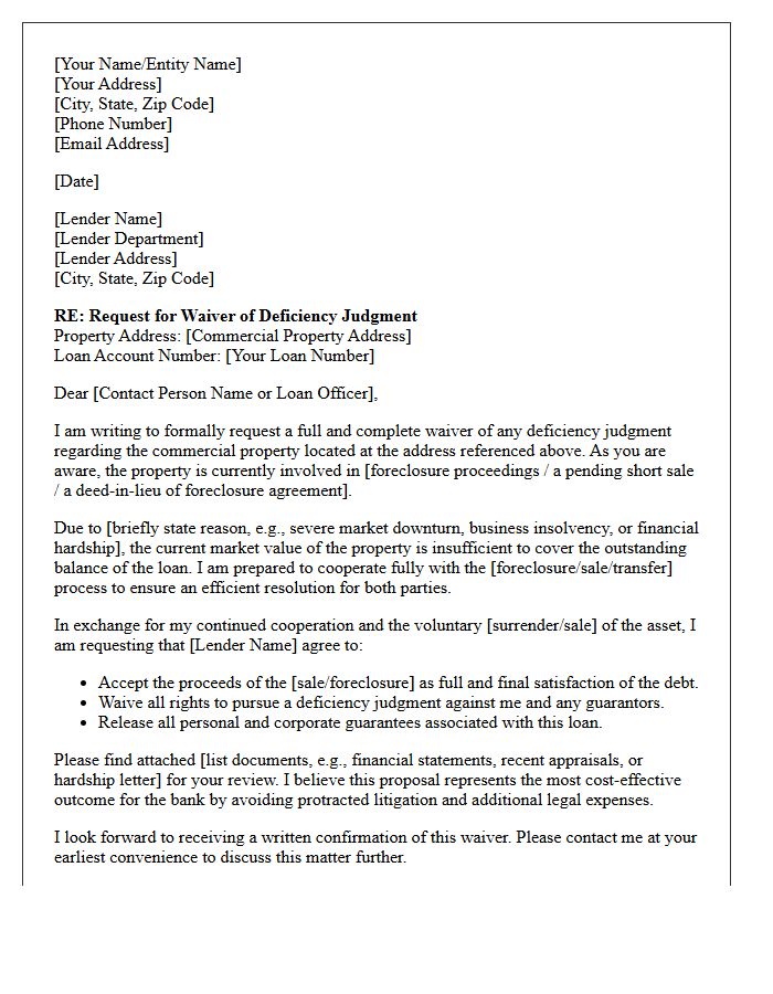 Commercial Property Deficiency Judgment Waiver Request Letter