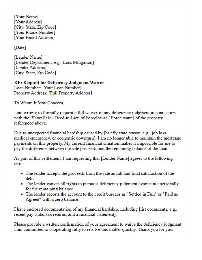 Residential Real Estate Deficiency Judgment Waiver Request Letter