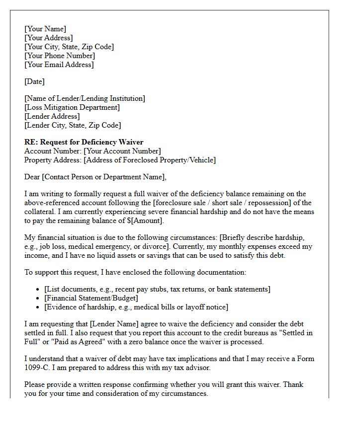 Financial Hardship Deficiency Judgment Waiver Request Letter