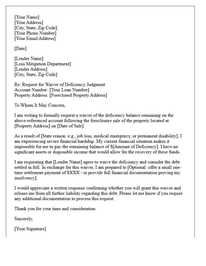 Post Foreclosure Deficiency Judgment Waiver Request Letter