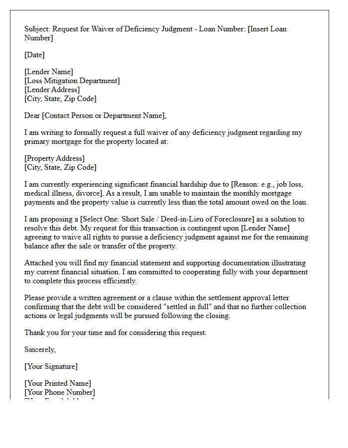 Primary Mortgage Deficiency Judgment Waiver Request Letter