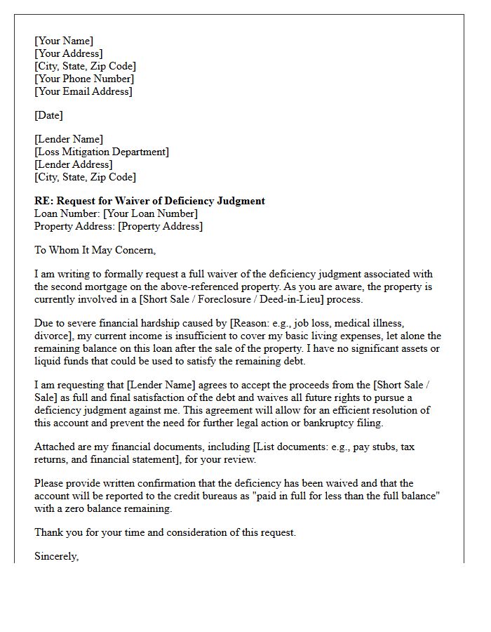 Second Mortgage Deficiency Judgment Waiver Request Letter
