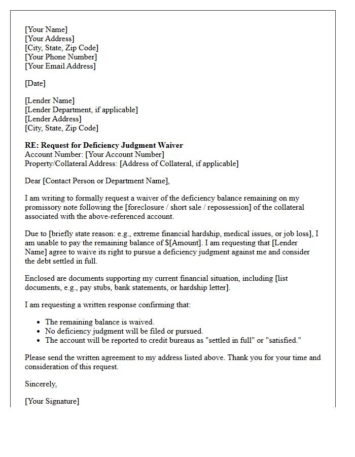 Promissory Note Deficiency Judgment Waiver Request Letter