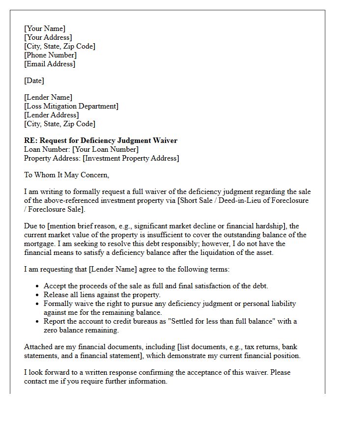 Investment Property Deficiency Judgment Waiver Request Letter