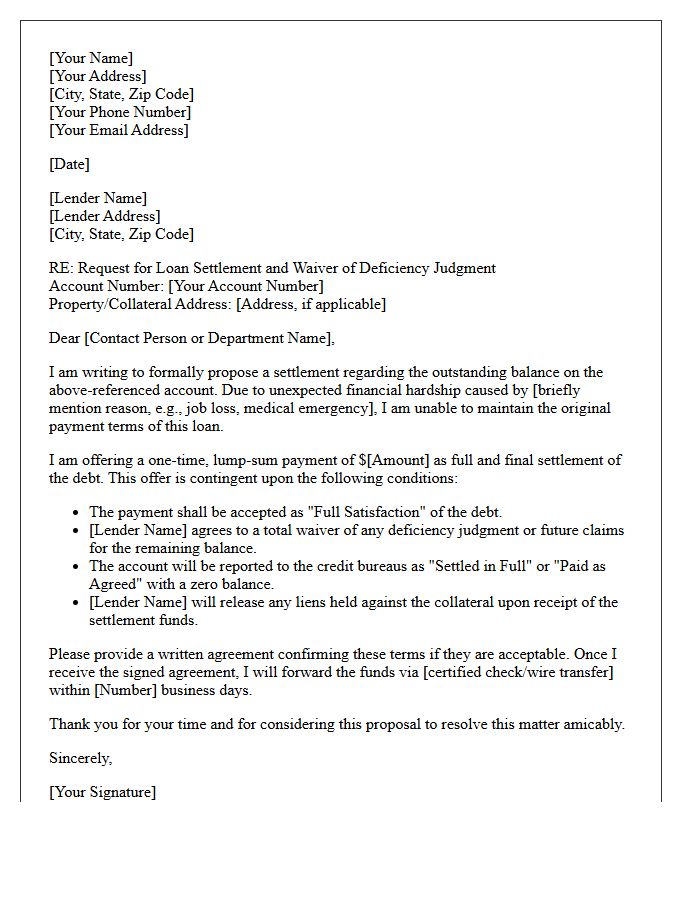 Loan Settlement Deficiency Judgment Waiver Request Letter