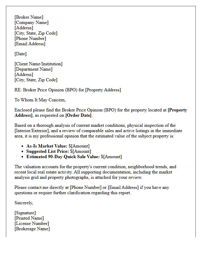Standard Broker Price Opinion Cover Letter