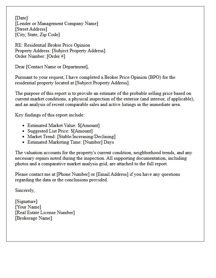 Residential Broker Price Opinion Cover Letter