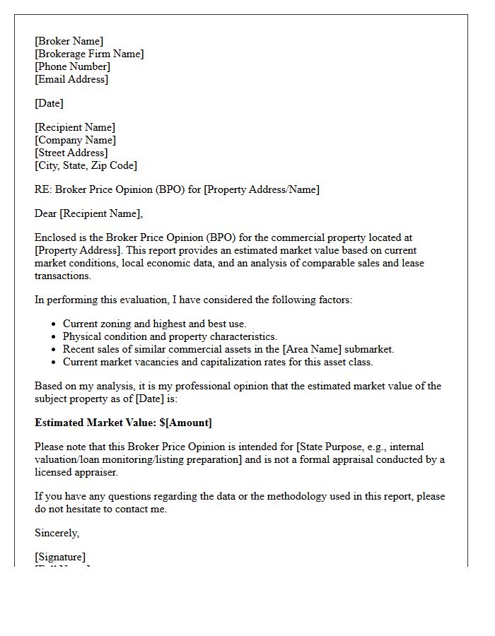 Commercial Broker Price Opinion Cover Letter