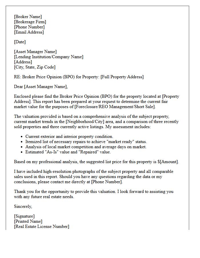 Foreclosure Broker Price Opinion Cover Letter