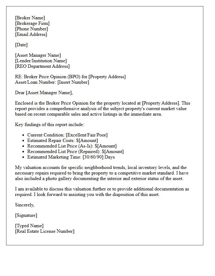 Real Estate Owned Broker Price Opinion Cover Letter
