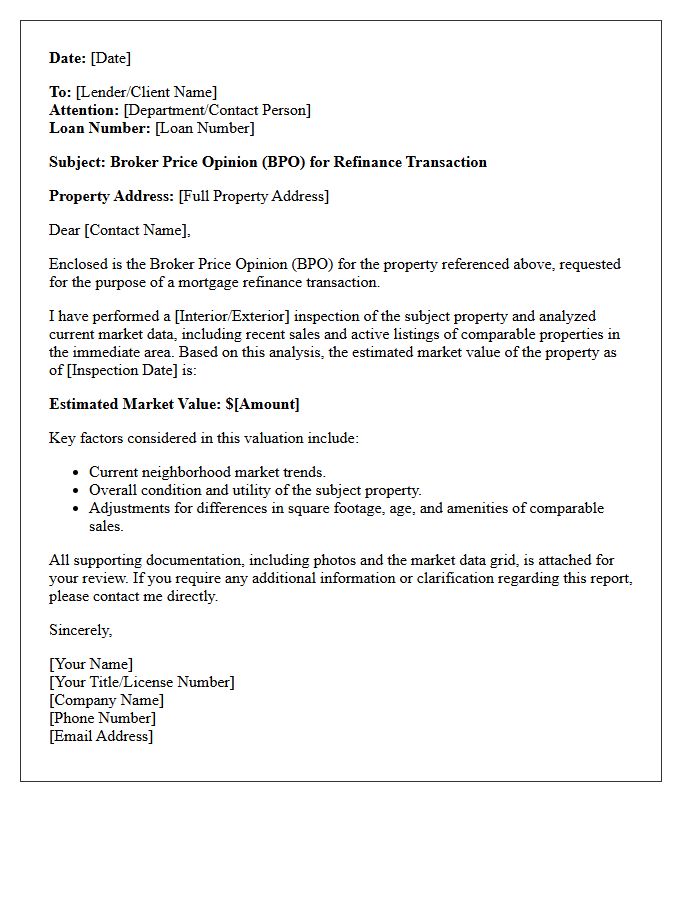 Refinance Broker Price Opinion Cover Letter