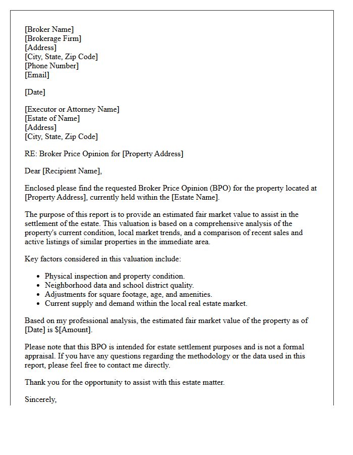 Estate Settlement Broker Price Opinion Cover Letter