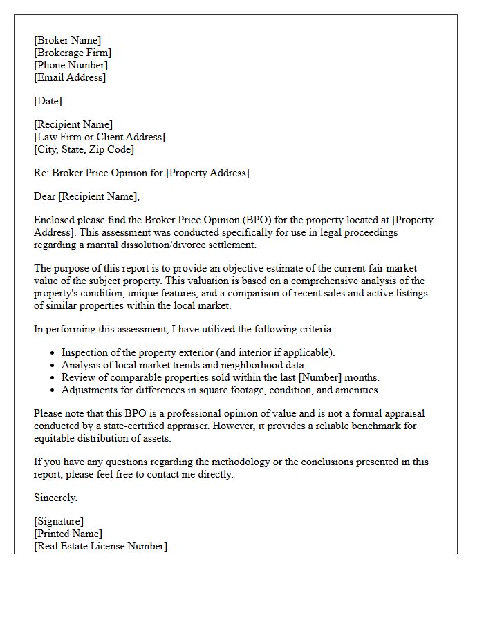 Divorce Assessment Broker Price Opinion Cover Letter