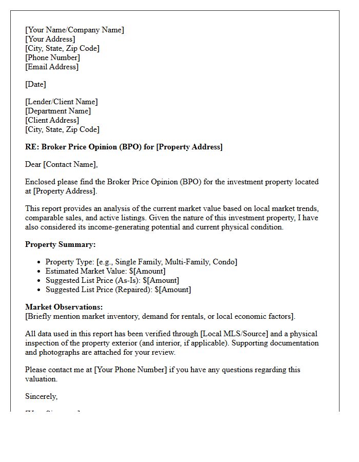 Investment Property Broker Price Opinion Cover Letter