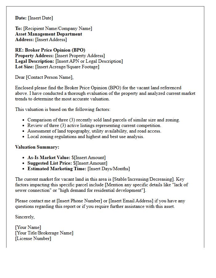 Vacant Land Broker Price Opinion Cover Letter