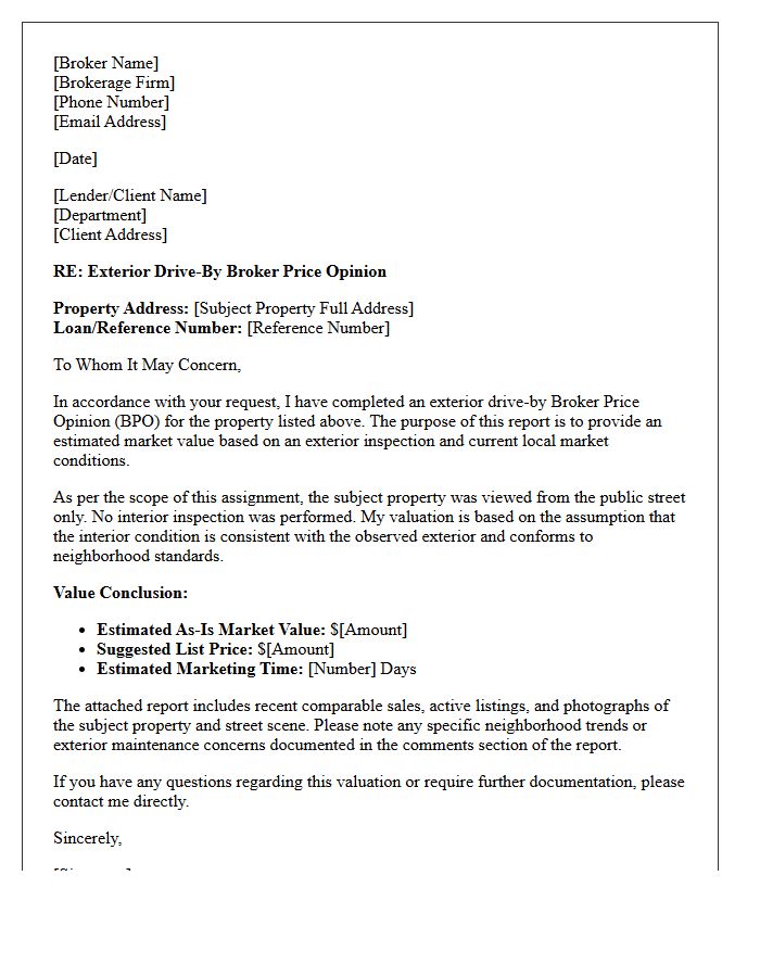 Exterior Drive-By Broker Price Opinion Cover Letter