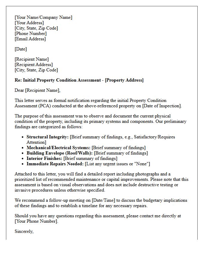 Initial Property Condition Assessment Letter
