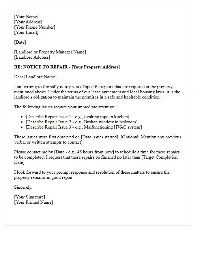 Landlord Repair Obligation Notice Letter