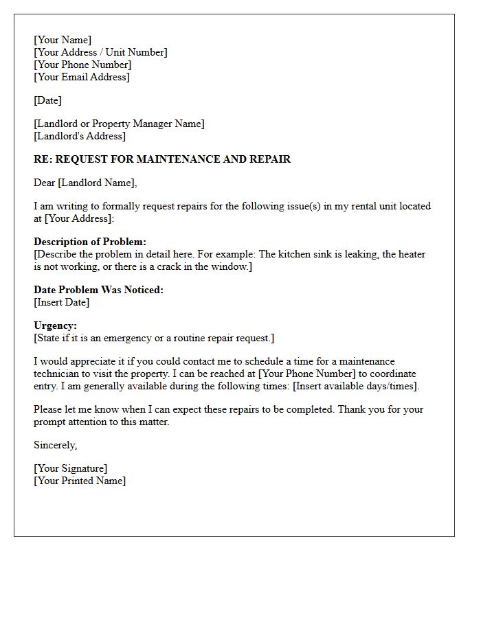 Tenant Maintenance and Repair Request Letter