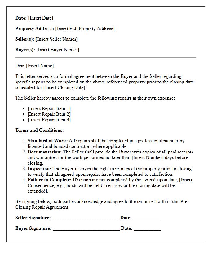 Pre-Closing Repair Agreement Letter