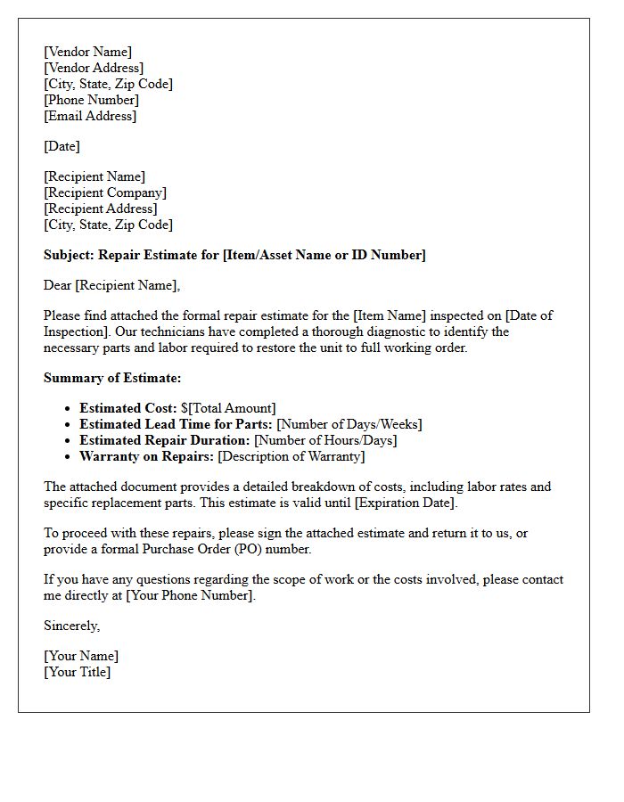 Vendor Repair Estimate Submission Letter