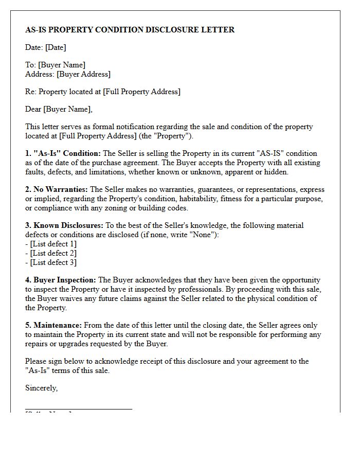 As-Is Property Condition Disclosure Letter