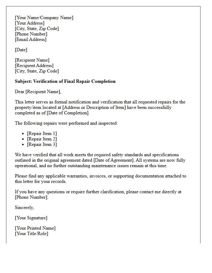 Final Repair Completion Verification Letter