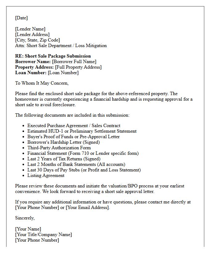 Initial Short Sale Package Submission Cover Letter