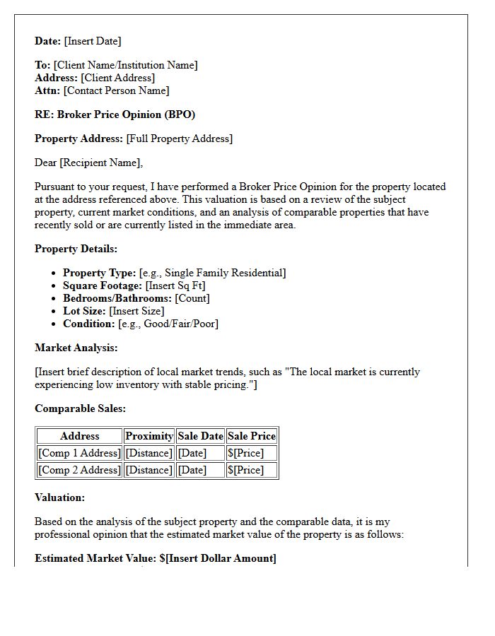 Real Estate Agent Broker Price Opinion Letter