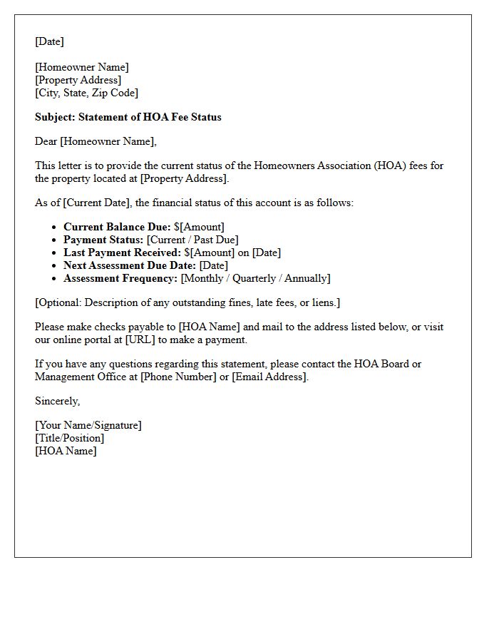 Homeowner Association Fee Status Letter