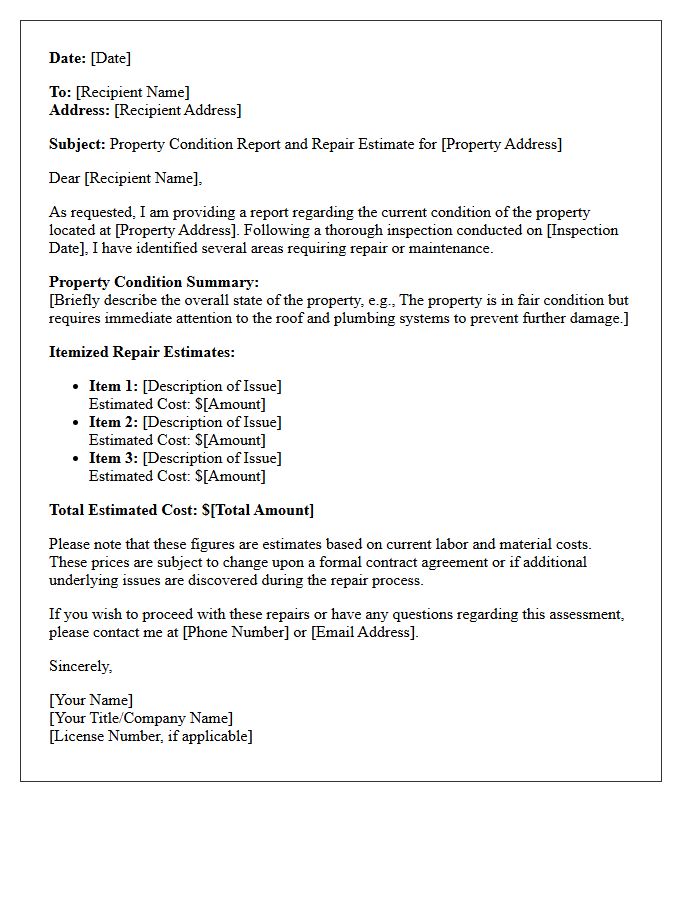 Property Condition And Repair Estimate Letter