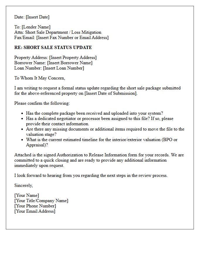 Initial Submission Short Sale Bank Status Update Letter