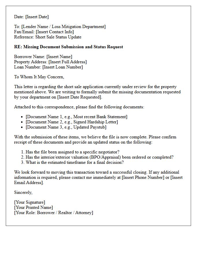 Missing Document Short Sale Bank Status Update Letter