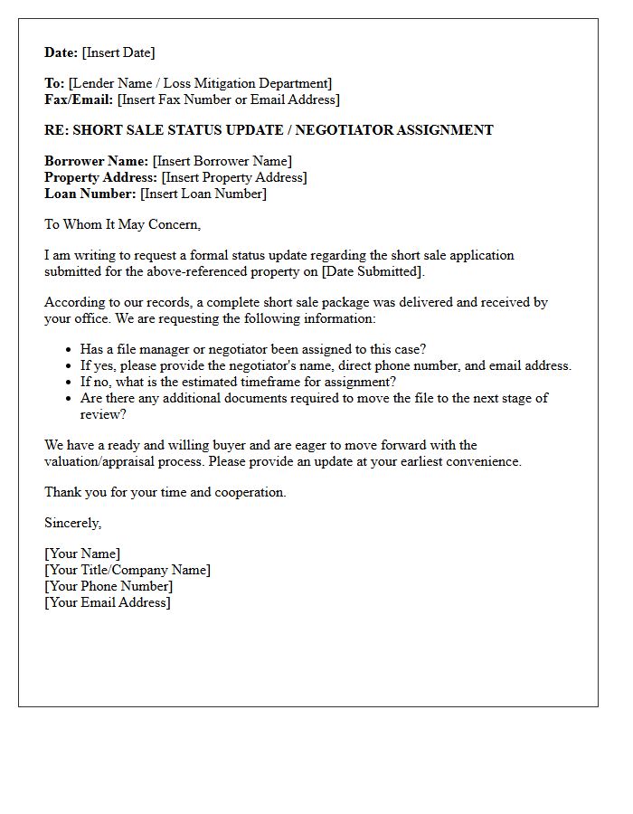 Negotiator Assignment Short Sale Bank Status Update Letter