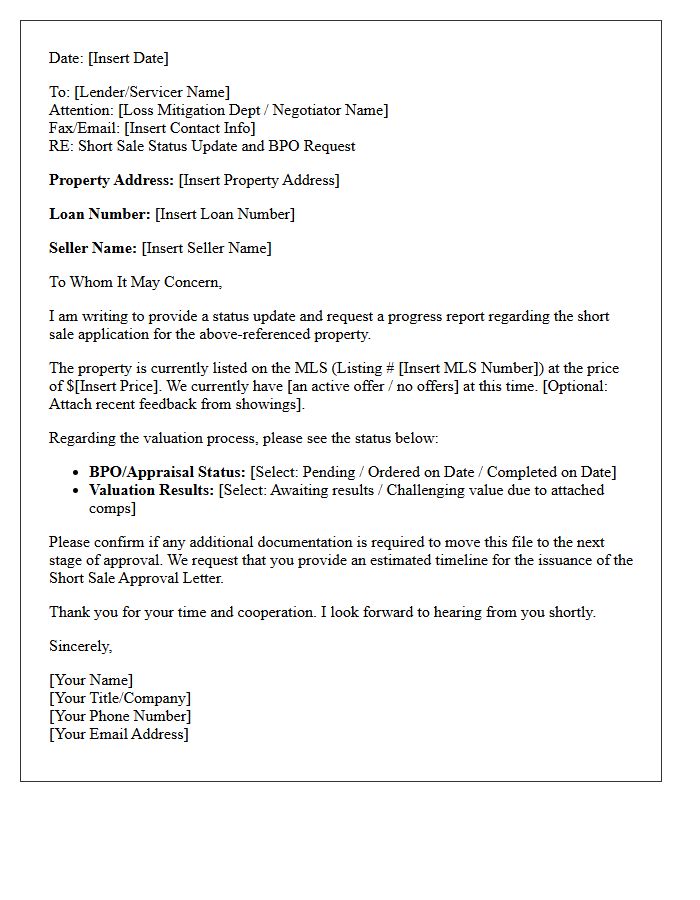 Broker Price Opinion Short Sale Bank Status Update Letter