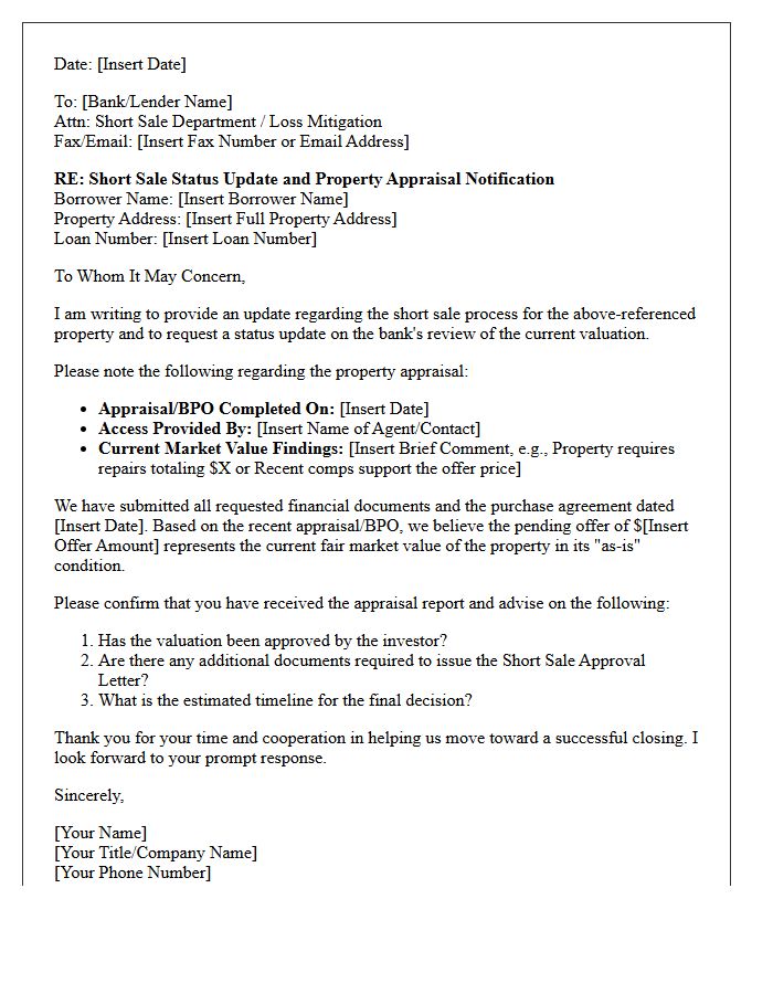 Property Appraisal Short Sale Bank Status Update Letter