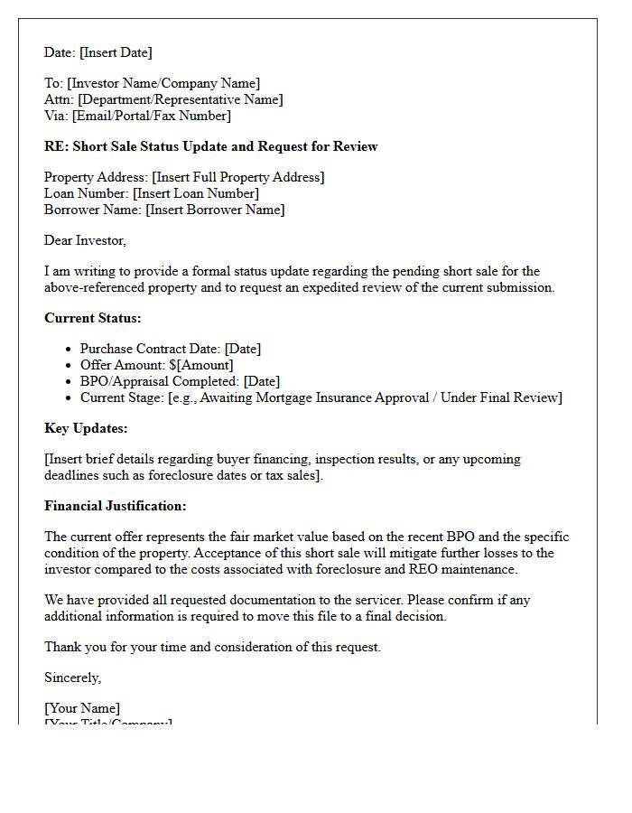 Investor Review Short Sale Bank Status Update Letter