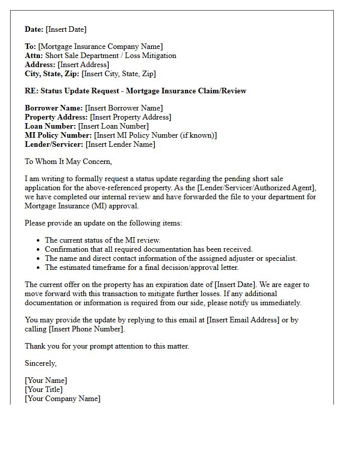 Mortgage Insurance Short Sale Bank Status Update Letter