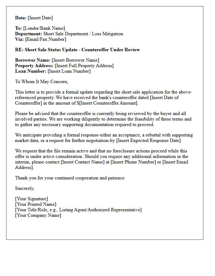 Counteroffer Review Short Sale Bank Status Update Letter
