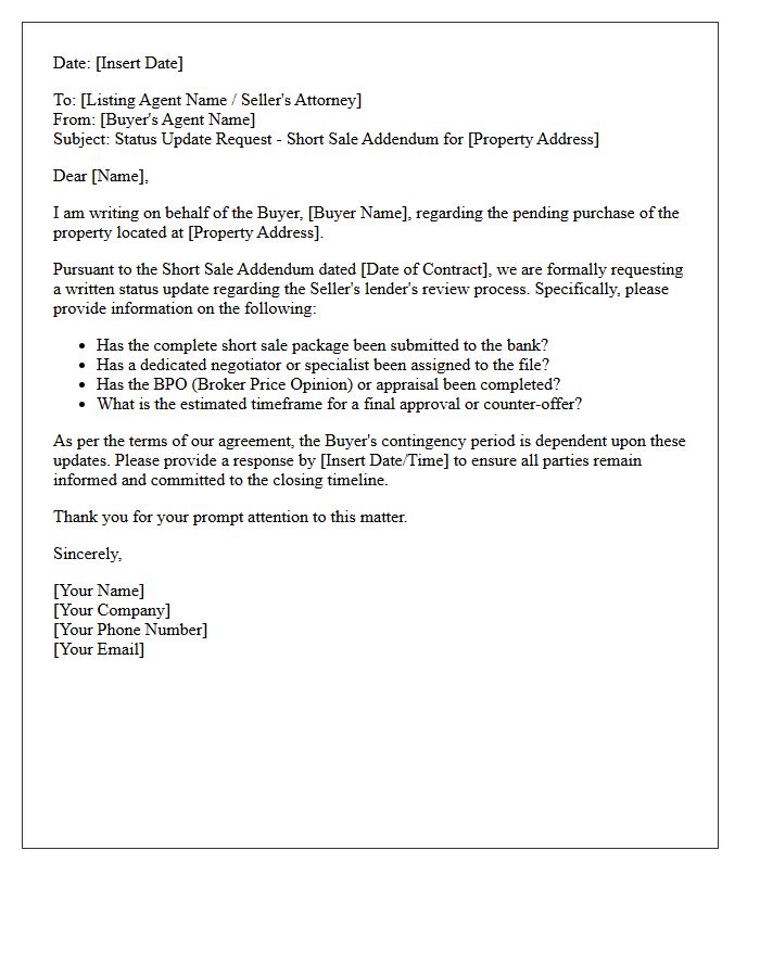 Buyer Addendum Short Sale Bank Status Update Letter
