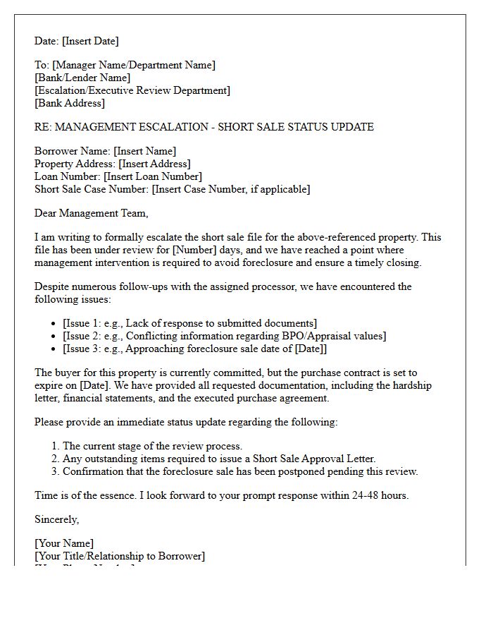 Management Escalation Short Sale Bank Status Update Letter