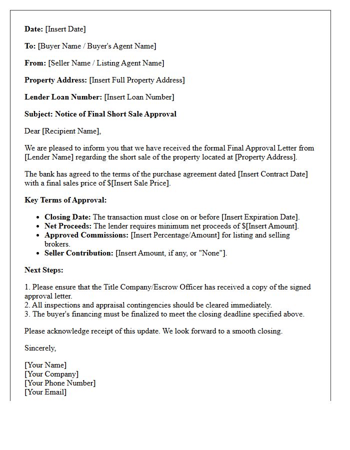 Final Approval Short Sale Bank Status Update Letter